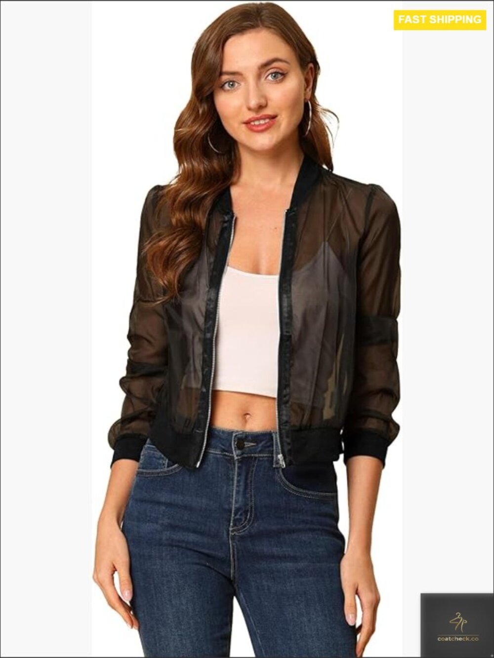 Sheer Long Sleeve Zip Up Bomber Jacket Lightweight Y2K Trendy Layering Piece